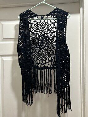 Black Crochet Fringe Vest
